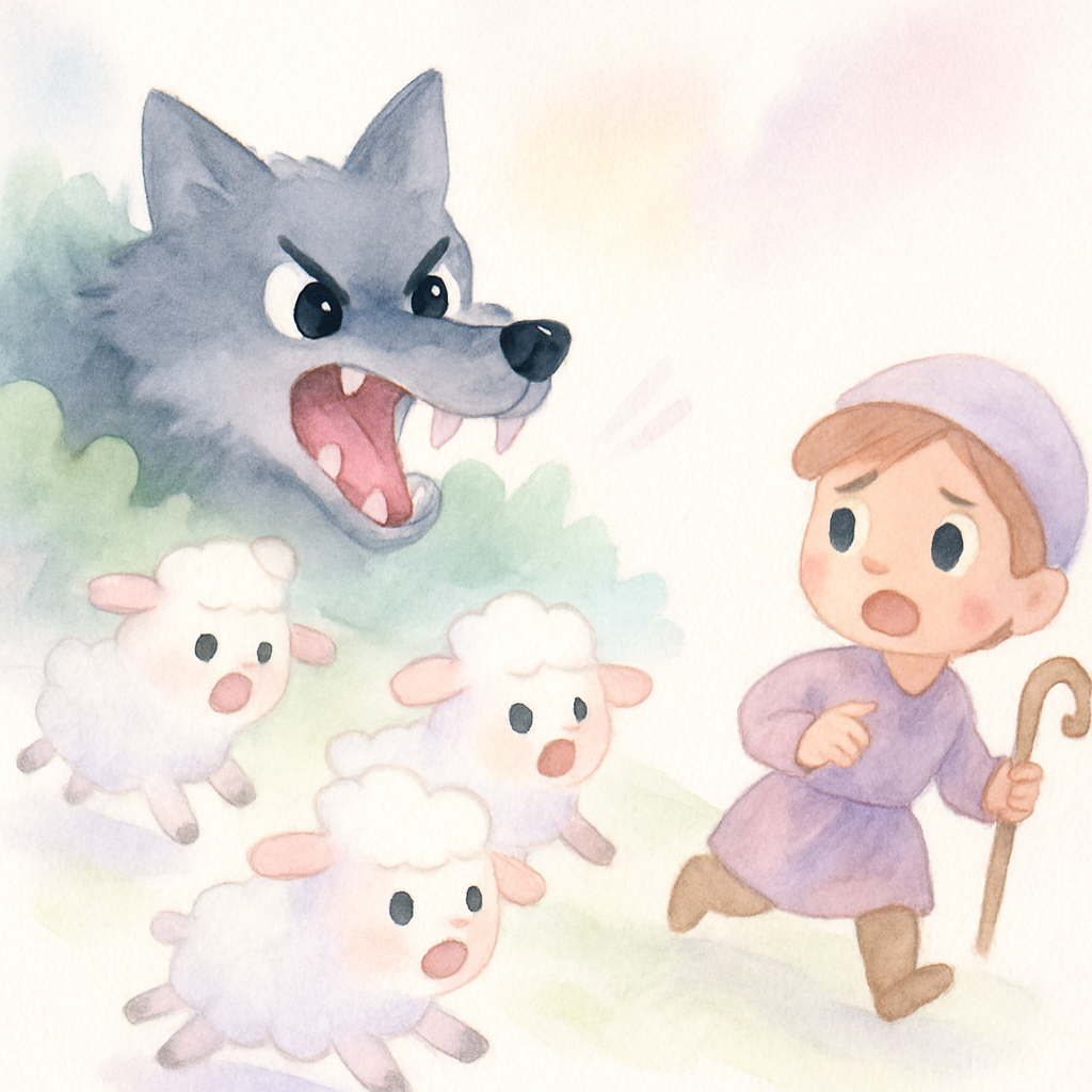 회색 털의 큰 늑대가 날카로운 이빨을 드러내며 등장하고 양들이 놀라는 장면